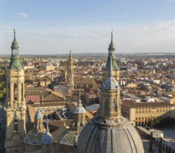 Rooftops of cathedral church Basilica of Our Lady of the Pillar, city centre of Zaragoza, Aragon,