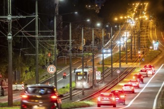 Bogestra tram, line 305, on the Wattenscheider Hellweg, tram line in the middle of the street,