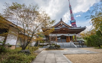Building in Zojo-ji Temple, Tokyo Tower Tower Tower at the back, Buddhist temple complex, Tokyo,