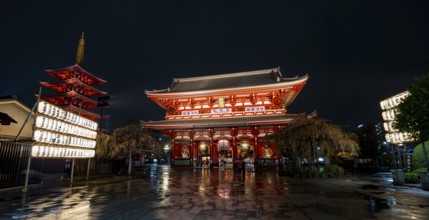 Illuminated five-story pagoda and main hall of Asakusa Shrine or Senso-ji Temple, at night,