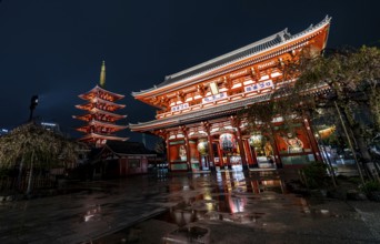 Illuminated five-story pagoda and Hozomon treasure chamber gate of Asakusa Shrine or Senso-ji