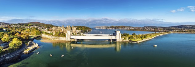 Conwy Castle over River Convy from a drone, Convy, North Wales, England, United Kingdom
