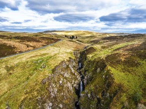Cwm Cynfal Waterfalls on River Afon Cynfal from a drone, Llan Ffestiniog, Road B4391, Gwynedd,