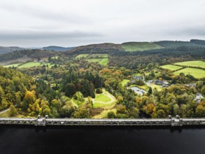 Llyn Brianne Dam and Reservoir from a drone, Lake Vyrnwy, Powys, Wales, England, United Kingdom