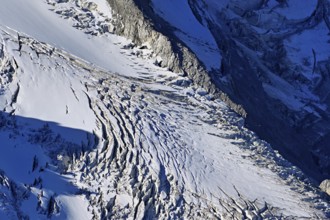 View from the Télécabine Panorama Railway of the glacial crevices of the Glacier du Géant,
