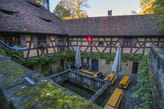 Courtyard with fishing pond of a historic inn, Rockenbrunn, Franconia, Bavaria, Germany