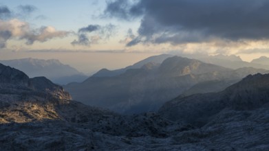 Early morning view from the Wildalmkirchl bivouac across the Steinerne Meer to the Hagengebirge,