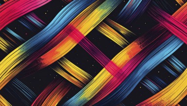 Abstract digital art featuring vibrant, intersecting neon lines creating a geometric pattern,