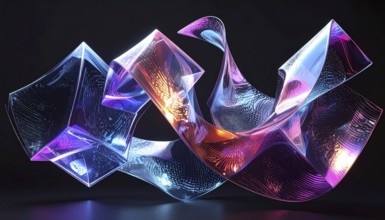 Abstract animation, glass cubes on black background, modern business wallpaper illustration, AI