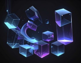 Abstract animation, glass cubes on black background, modern business wallpaper illustration, AI