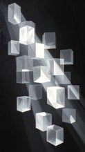 Abstract animation, glass cubes on black background, modern business wallpaper illustration, AI