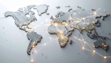 Abstract visualization of global rare earth supply network feeding EV industry, world map design,