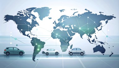 Abstract visualization of global rare earth supply network feeding EV industry, world map design,