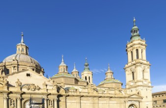 Towers and domes on roof of Basilica of Our Lady of the Pillar cathedral church, Zaragoza, Aragon,