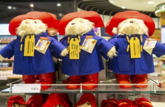Paddington Bear toys on display, shopping area in departures lounge area, Terminal 5, London
