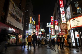 Busy pedestrian zone with many shopping centers and stores, illuminated with lots of neon signs at