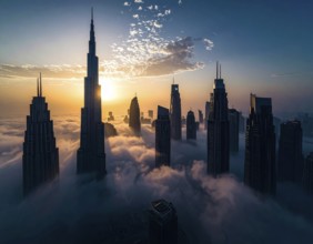 City scape emerging from a dense enveloping fog in sunrise and skyscrapers piercing the haze, big