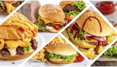 Collage of various fast food meals. beagles, hamburger, cheeseburger, french fries and a view green