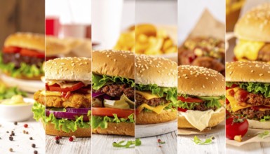 Collage of various fast food meals. beagles, hamburger, cheeseburger, french fries and a view green