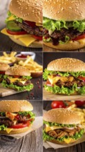 Collage of various fast food meals. beagles, hamburger, cheeseburger, french fries and a view green