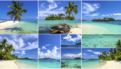 Collage of tropical islands with beach and palm trees, paradise with blue cloudy sky, turquoise