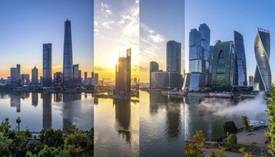 Collage of skyscrapers of a metropolitan city, various skylines with different blue sky in sunset,