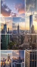 Collage of skyscrapers of a metropolitan city, various skylines with different blue sky in sunset,