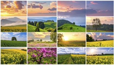 Collage of spring and summer landscapes, blooming flowers, green meadows and trees, hilly landscape