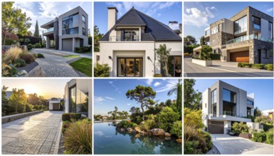 Collage of real estate residential building, modern architecture style, surrounded by green garden,