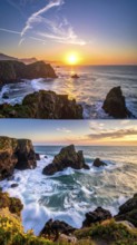 Collage of coastal landscapes with cliffs and shore break, spectacular nature, cloudy sky with
