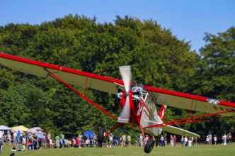 A Piper J-3C/L4 Cub light aircraft, HB-OBF registration, during a flight demonstration as part of