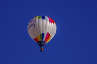 A hot air balloon, registration D-OÖJ, rises into the air as part of an air show at the