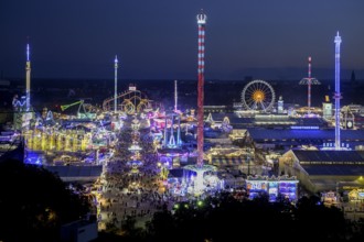 View of Oktoberfest from St. Paul's Catholic Church, Blue Hour, Munich, Bavaria, Germany