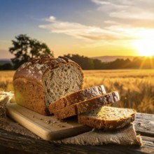 Rustic loaf of whole grain bread, fresh baked, close up of bread on dark wooden table, golden rust,