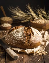 Rustic loaf of whole grain bread, fresh baked, close up of bread on dark wooden table, golden rust,