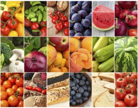 Food collage of various biological and organic fruits and vegetables, fresh healthy lifestyle, with
