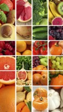 Food collage of various biological and organic fruits and vegetables, fresh healthy lifestyle, with