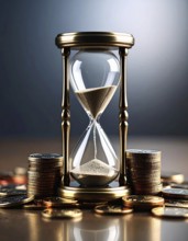 Hourglass and stacked golden coins, illustrating currency fluctuation and time impact commodities