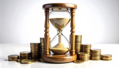 Hourglass and stacked golden coins, illustrating currency fluctuation and time impact commodities