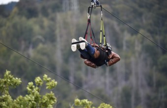 Megazipline cable car in the Harz Mountains across the Rappbode Reservoir, Saxony-Anhalt, Germany