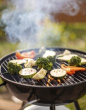 Cooking vegetables on grill outdoors, healthy lifestyle with healthy food, close up of grill with
