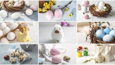 Collage of easter symbols, rabbit, fresh blooming flowers, bird's nest, colored easter eggs,