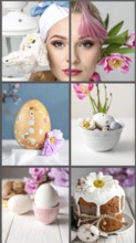 Collage of easter symbols, rabbit, fresh blooming flowers, bird's nest, colored easter eggs,