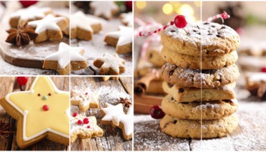 Collage of Christmas cookies and sweets, variation of sweet desserts, lots of unhealthy calories,