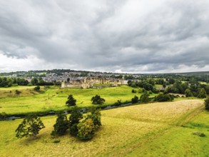 Alnwick Castle from a drone, Alnwick, Northumberland, England, United Kingdom