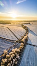 Bird Eye Perspective of Frost Covered Farmland. Seasonal Agricultural Scenery, winter and autumn