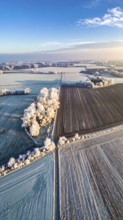 Bird Eye Perspective of Frost Covered Farmland. Seasonal Agricultural Scenery, winter and autumn