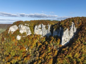 Aerial view of the Upper Danube Valley surrounded by autumn vegetation with the Hausender Peaks