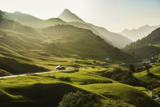 Mountain landscape, sunrise, Hochtannbergpass, Biberkopf, Warth, Bregenzerwald, Vorarlberg, Alps,