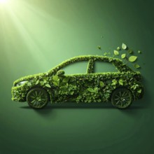 Car formed by green leaves and branches. Sustainable Car technology, ecology concept in harmony